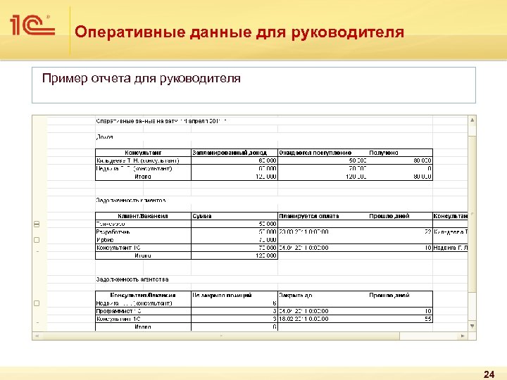 Оперативные данные для руководителя Пример отчета для руководителя 24 