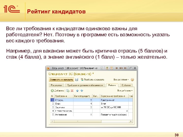 Рейтинг кандидатов Все ли требования к кандидатам одинаково важны для работодателя? Нет. Поэтому в