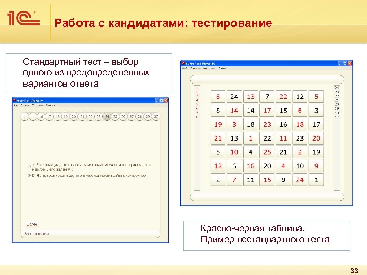 Работа с кандидатами: тестирование Стандартный тест – выбор одного из предопределенных вариантов ответа Красно-черная