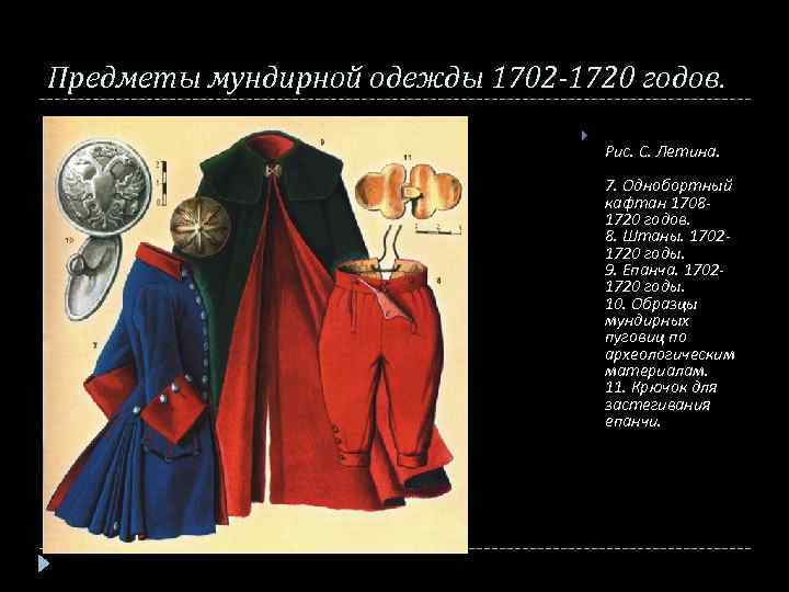 Предметы мундирной одежды 1702 -1720 годов. Рис. С. Летина. 7. Однобортный кафтан 17081720 годов.