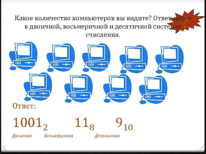 ? Какое количество компьютеров вы видите? Ответ дайте в двоичной, восьмеричной и десятичной системах