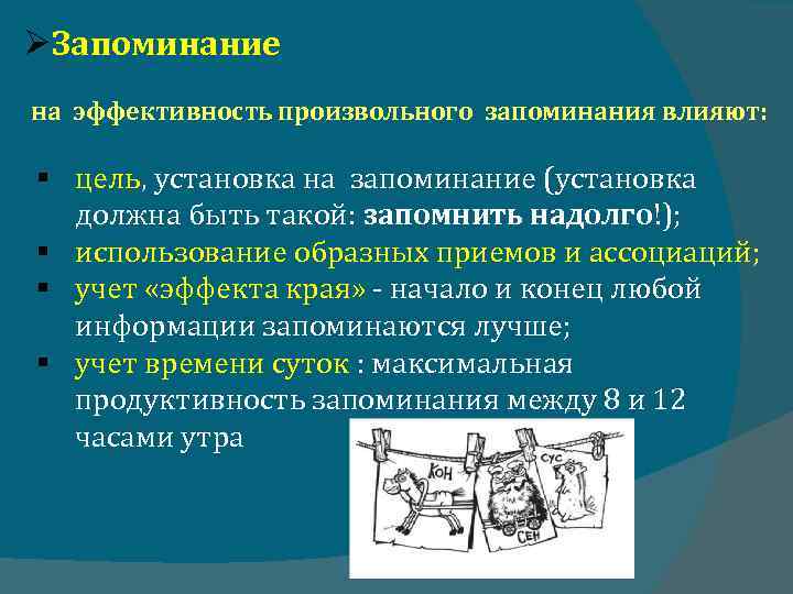  Запоминание на эффективность произвольного запоминания влияют: § цель, установка на запоминание (установка должна
