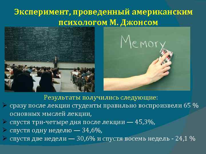 Эксперимент, проведенный американским психологом М. Джонсом Результаты получились следующие: сразу после лекции студенты правильно