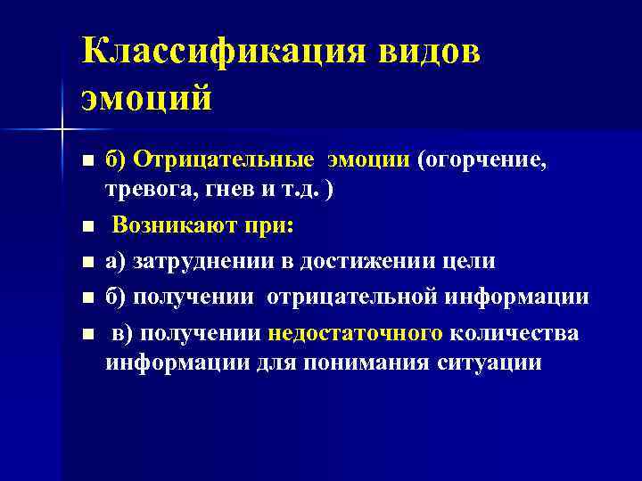 Классификация видов эмоций n n n б) Отрицательные эмоции (огорчение, тревога, гнев и т.