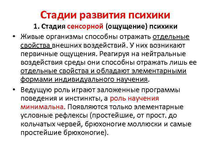 Стадии развития психики 1. Стадия сенсорной (ощущение) психики • Живые организмы способны отражать отдельные