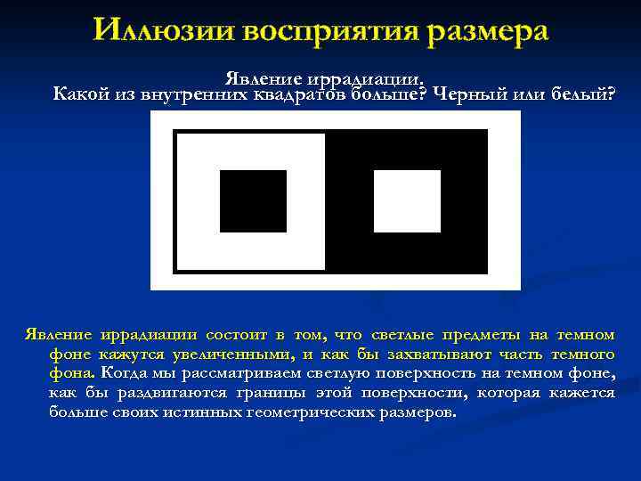 Иллюзии восприятия размера Явление иррадиации. Какой из внутренних квадратов больше? Черный или белый? Явление