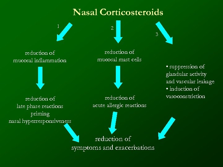 Nasal Corticosteroids 1 2 3 reduction of mucosal mast cells reduction of mucosal inflammation