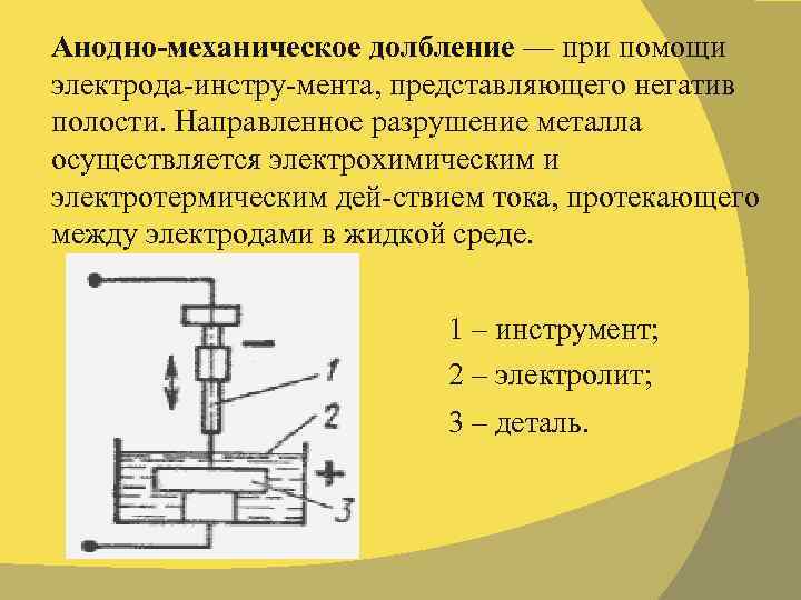 Анодно-механическое долбление — при помощи электрода инстру мента, представляющего негатив полости. Направленное разрушение металла