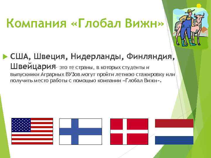 Компания «Глобал Вижн» США, Швеция, Нидерланды, Финляндия, Швейцария– это те страны, в которых студенты