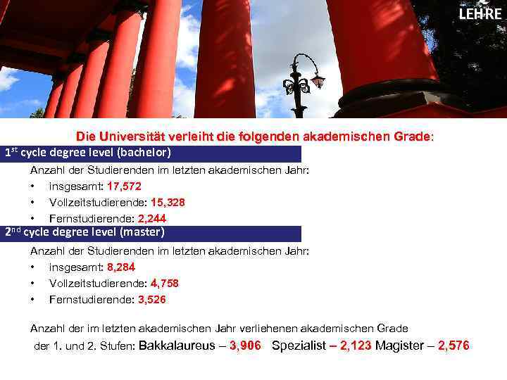 LEHRE Die Universität verleiht die folgenden akademischen Grade: 1 st cycle degree level (bachelor)