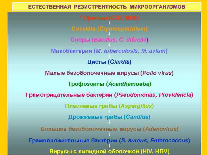 ЕСТЕСТВЕННАЯ РЕЗИСТРЕНТНОСТЬ МИКРООРГАНИЗМОВ * Прионы (CJD, BSE) Coccidia (Cryptosporidium) Споры (Bacillus, C. difucile) Микобактерии