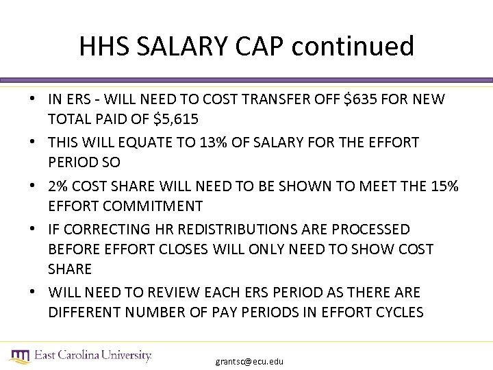 HHS SALARY CAP continued • IN ERS - WILL NEED TO COST TRANSFER OFF