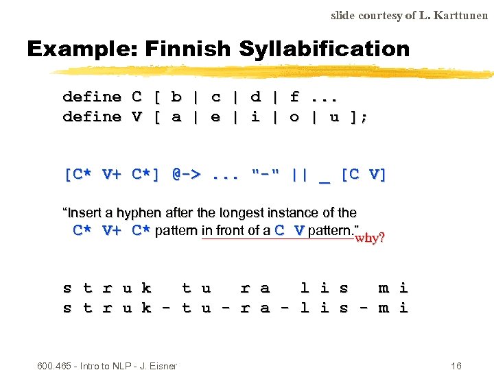 slide courtesy of L. Karttunen Example: Finnish Syllabification define C [ b | c