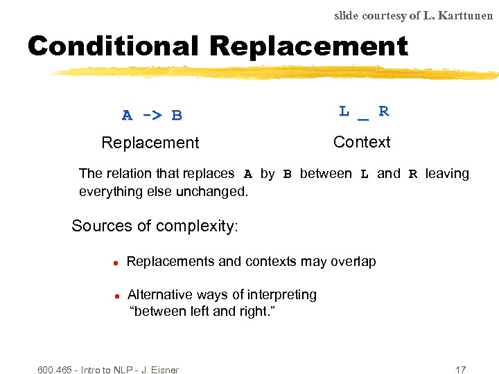 slide courtesy of L. Karttunen Conditional Replacement A -> B L _ R Replacement