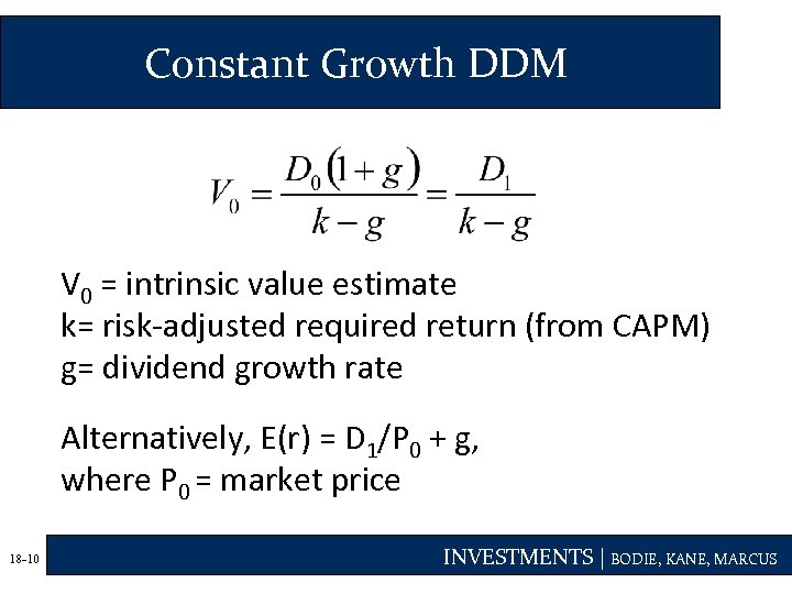 Constant Growth DDM V 0 = intrinsic value estimate k= risk-adjusted required return (from