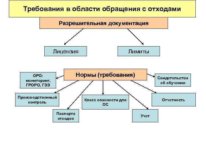 Требования в области обращения с отходами Разрешительная документация Лицензия Лимиты Нормы (требования) ОРО: мониторинг,