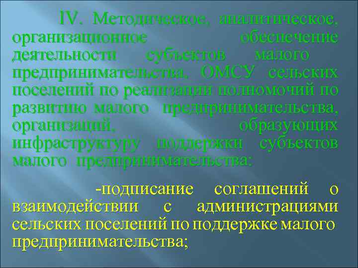  IV. Методическое, аналитическое, организационное обеспечение деятельности субъектов малого предпринимательства, ОМСУ сельских поселений по