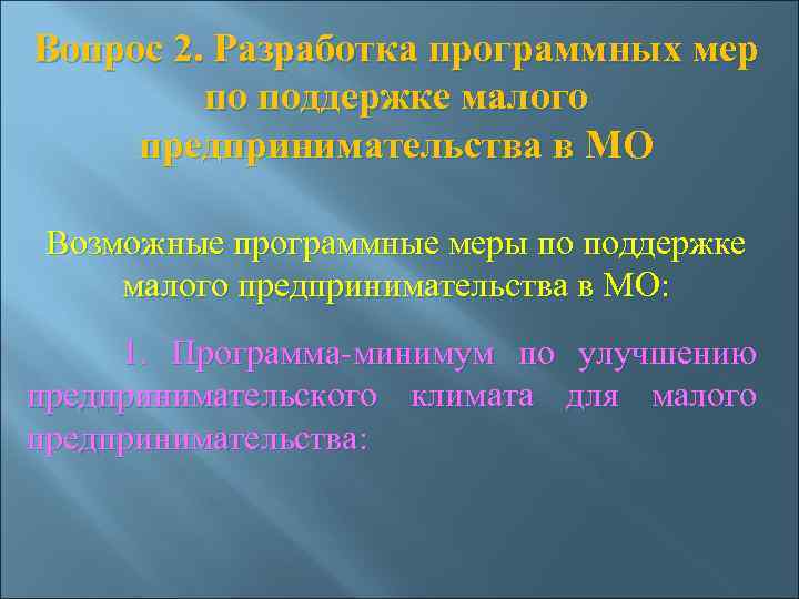 Вопрос 2. Разработка программных мер по поддержке малого предпринимательства в МО Возможные программные меры