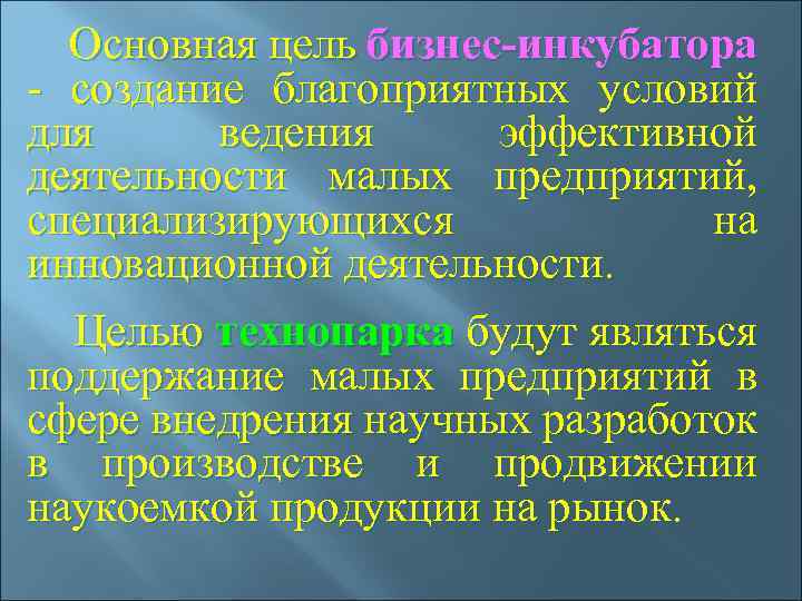  Основная цель бизнес-инкубатора - создание благоприятных условий для ведения эффективной деятельности малых предприятий,