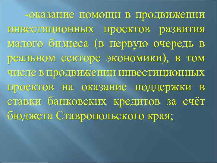  -оказание помощи в продвижении инвестиционных проектов развития малого бизнеса (в первую очередь в