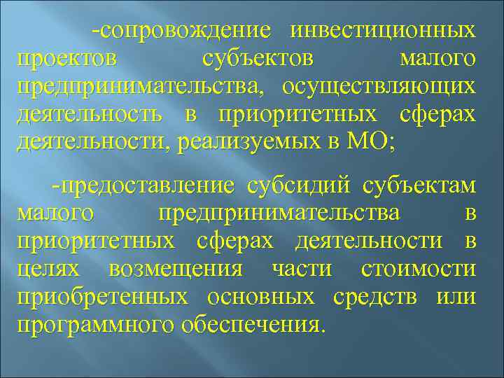  -сопровождение инвестиционных проектов субъектов малого предпринимательства, осуществляющих деятельность в приоритетных сферах деятельности, реализуемых