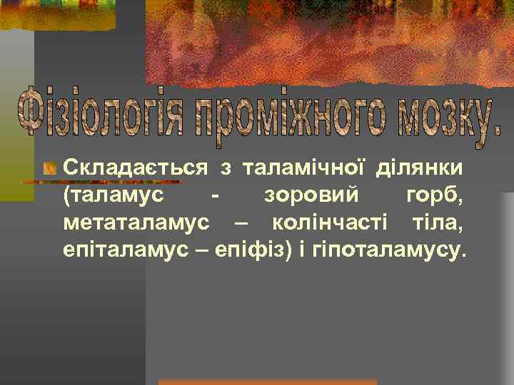 Складається з таламічної ділянки (таламус зоровий горб, метаталамус – колінчасті тіла, епіталамус – епіфіз)