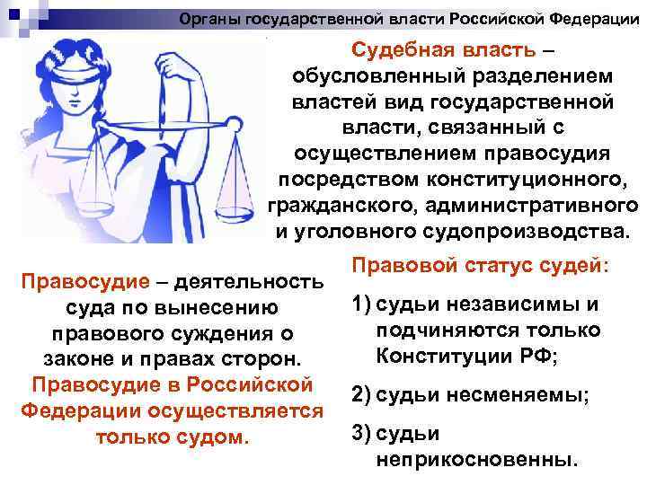 Органы государственной власти Российской Федерации Судебная власть – обусловленный разделением властей вид государственной власти,