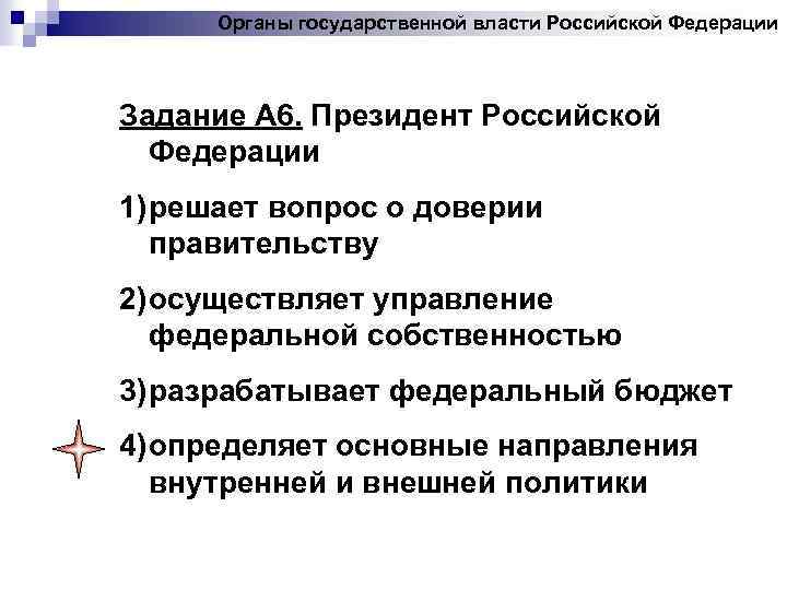 Органы государственной власти Российской Федерации Задание А 6. Президент Российской Федерации 1) решает вопрос