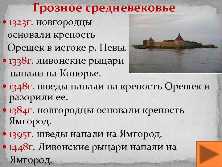  Грозное средневековье 1323 г. новгородцы основали крепость Орешек в истоке р. Невы. 1338