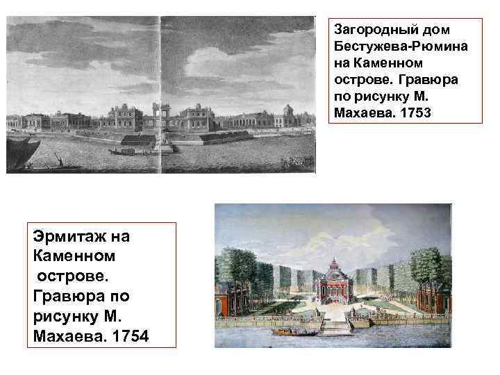 Загородный дом Бестужева-Рюмина на Каменном острове. Гравюра по рисунку М. Махаева. 1753 Эрмитаж на