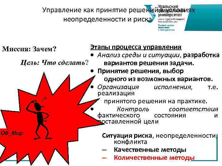 Управление как принятие решений в условиях неопределенности и риска Этапы процесса управления · Анализ