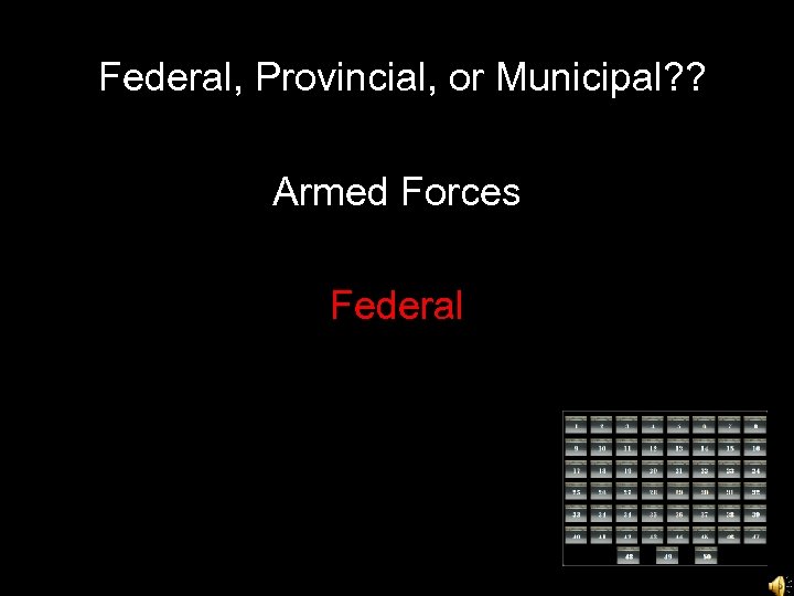  Federal, Provincial, or Municipal? ? Armed Forces Federal 