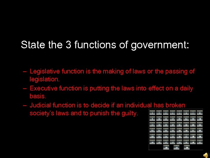 State the 3 functions of government: – Legislative function is the making of laws