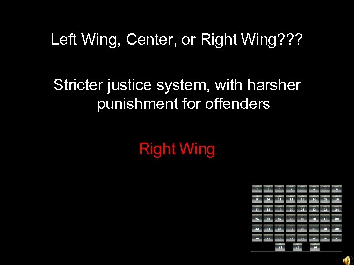 Left Wing, Center, or Right Wing? ? ? Stricter justice system, with harsher punishment