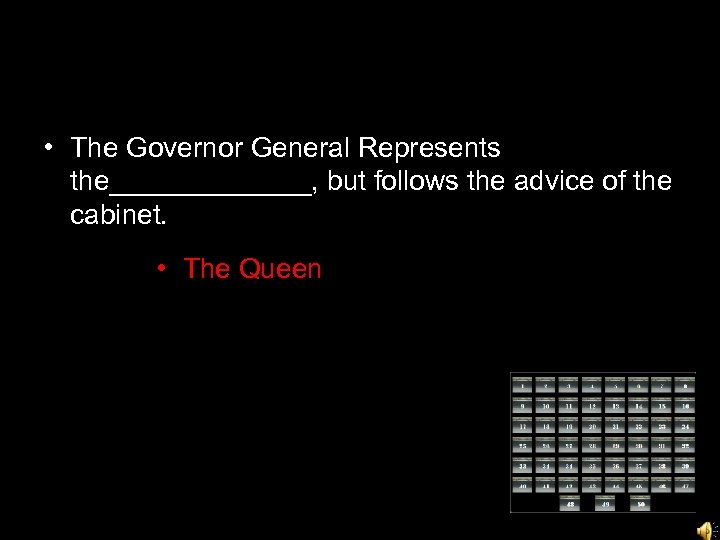  • The Governor General Represents the_______, but follows the advice of the cabinet.