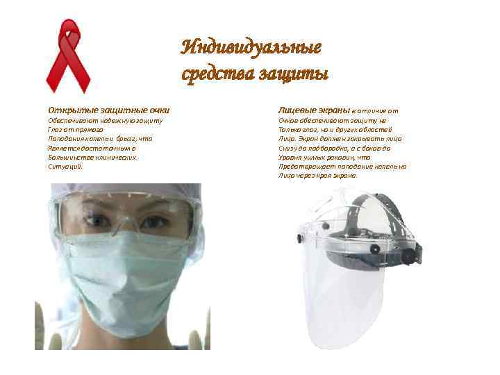 Индивидуальные средства защиты Открытые защитные очки Обеспечивают надежную защиту Глаз от прямого Попадания капель