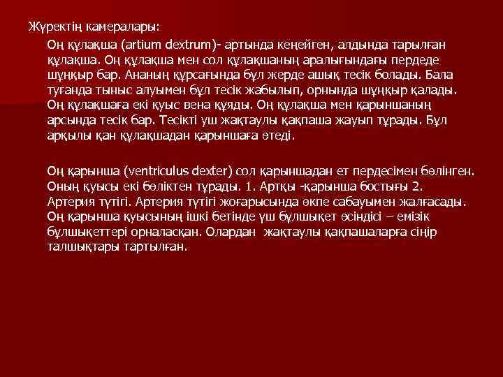 Жүректің камералары: Оң құлақша (artium dextrum)- артында кеңейген, алдында тарылған құлақша. Оң құлақша мен