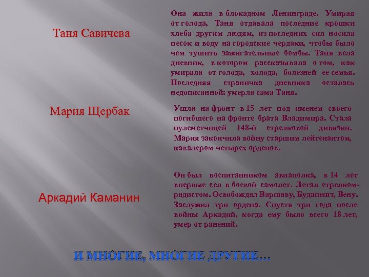 Таня Савичева Мария Щербак Аркадий Каманин Она жила в блокадном Ленинграде. Умирая от голода,
