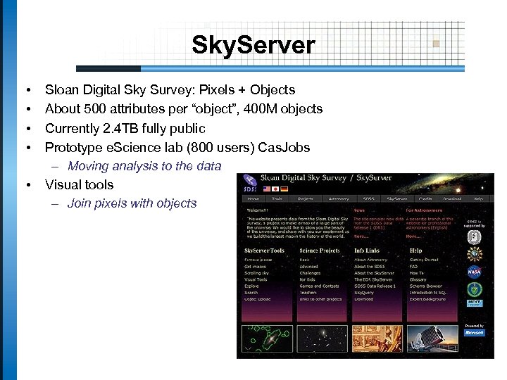 Sky. Server • • • Sloan Digital Sky Survey: Pixels + Objects About 500