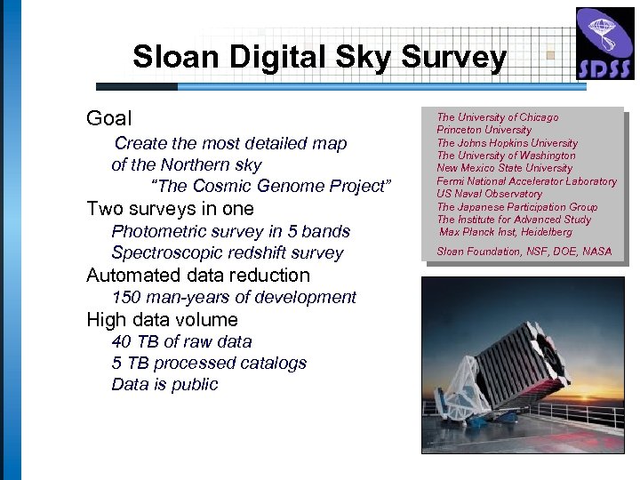 Sloan Digital Sky Survey Goal Create the most detailed map of the Northern sky
