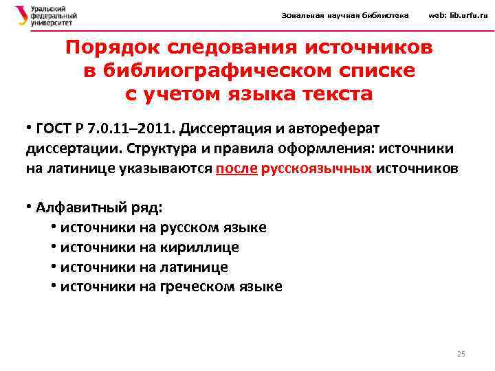 Зональная научная библиотека web: lib. urfu. ru Порядок следования источников в библиографическом списке с