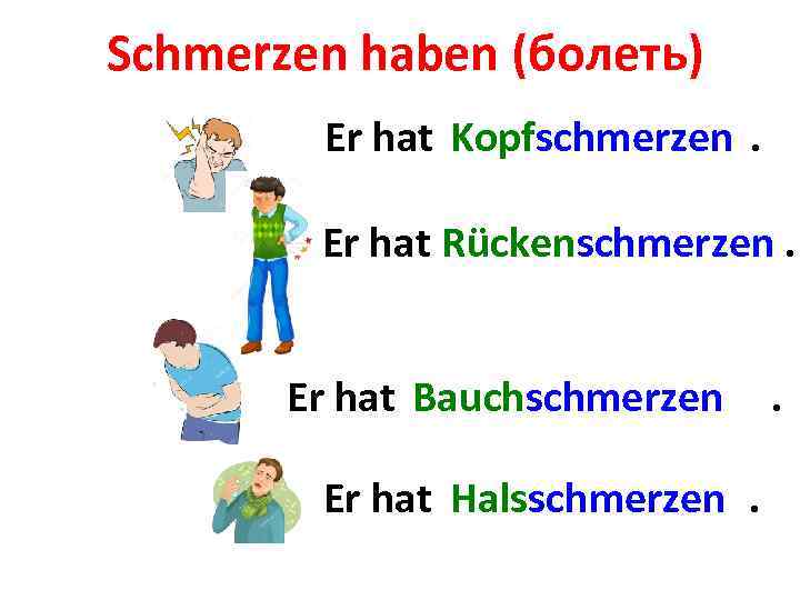 Schmerzen haben (болеть) Er hat. . . Kopfschmerzen Rückenschmerzen Er hat. . . .