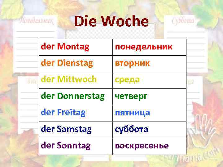 Недели на немецком языке с переводом