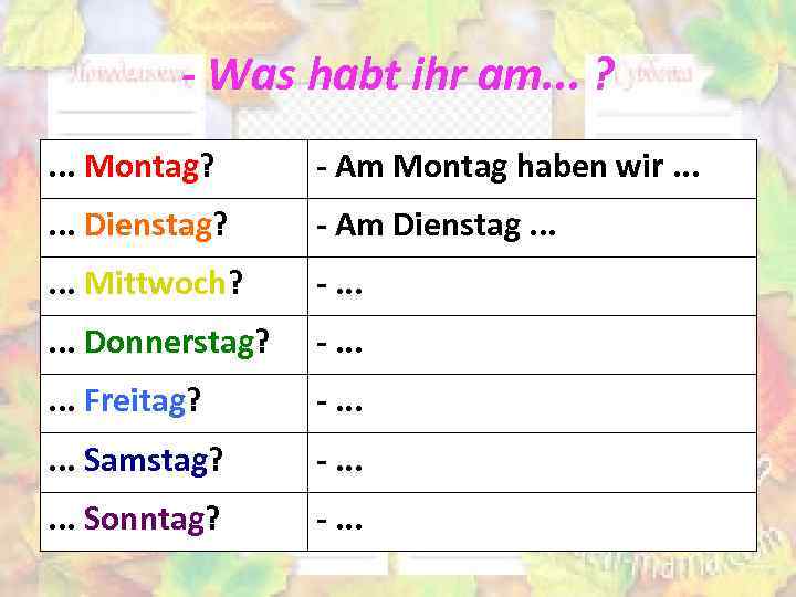 - Was habt ihr am. . . ? . . . Montag? - Am