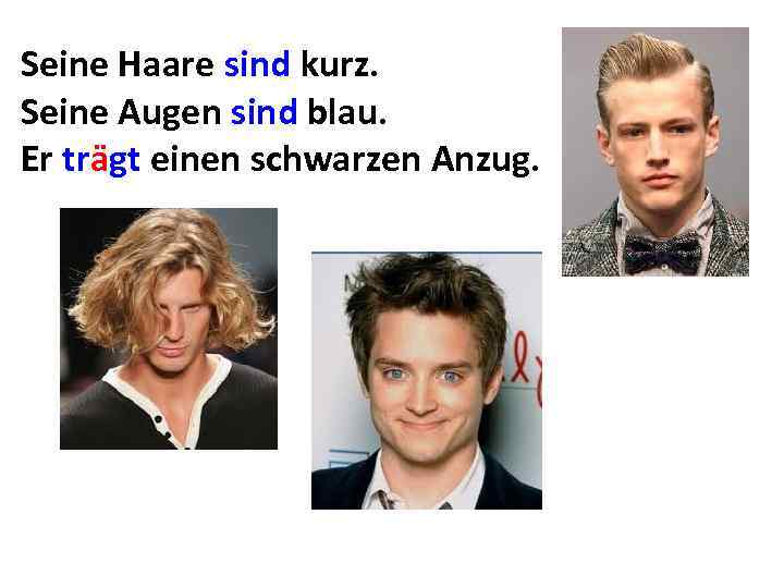 Seine Haare sind kurz. Seine Augen sind blau. Er trägt einen schwarzen Anzug. 