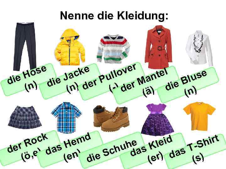 Nenne die Kleidung: • ose e. H di (n) er e ck tel llov