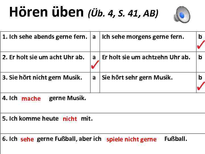 Hören üben (Üb. 4, S. 41, AB) 1. Ich sehe abends gerne fern. a