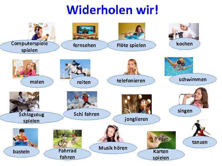 Widerholen wir! Computerspielen fernsehen reiten telefonieren malen Schlagzeug spielen basteln kochen Flöte spielen Schi