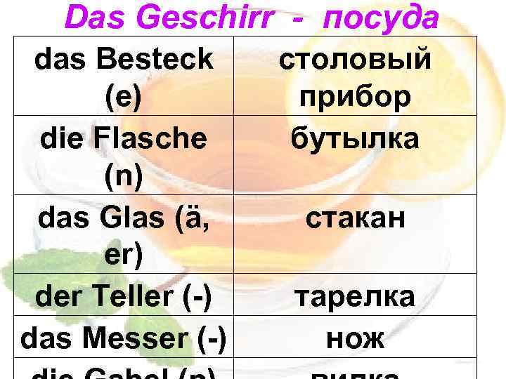 Das Geschirr - посуда das Besteck (e) die Flasche (n) das Glas (ä, er)