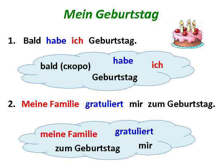 Mein Geburtstag 1. Bald habe ich Geburtstag. bald (скоро) habe ich Geburtstag 2. Meine